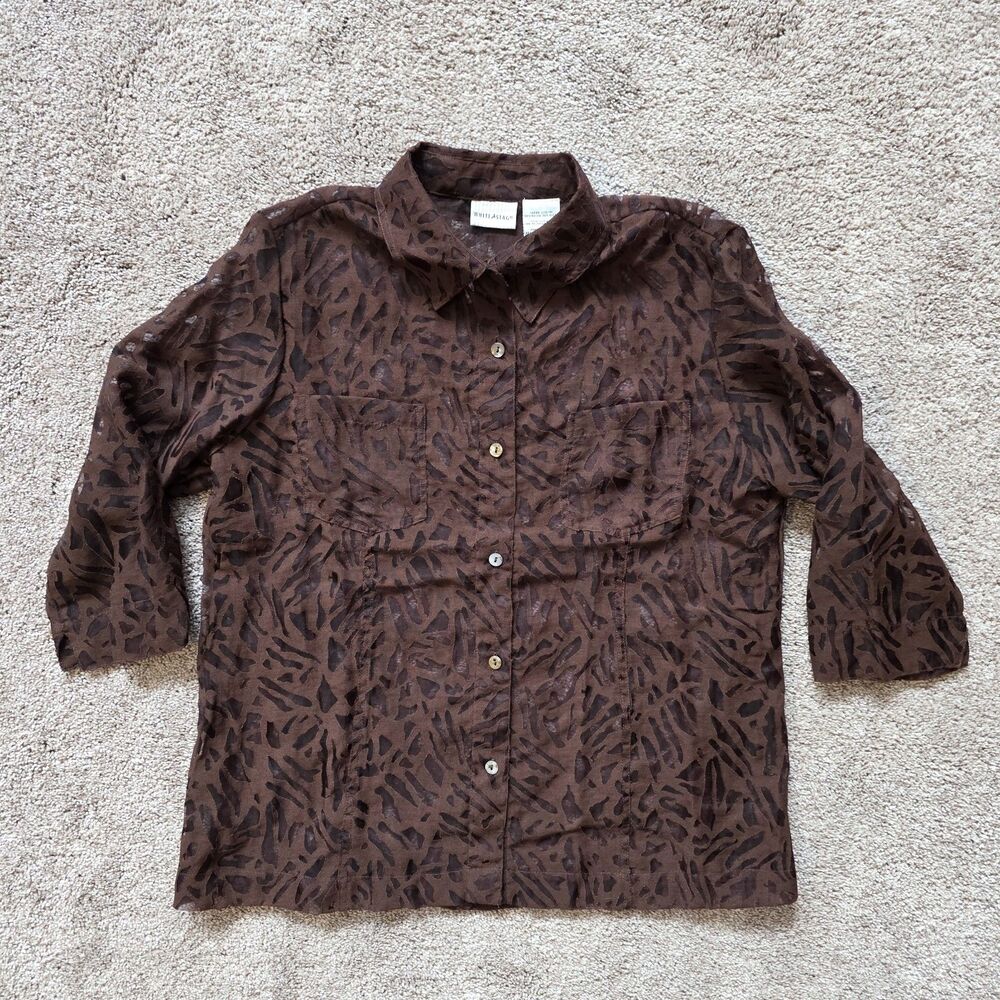 Vintage White Stag Burnout Button Up Shirt L 12/14 Warm Chocolate Sheer Blouse